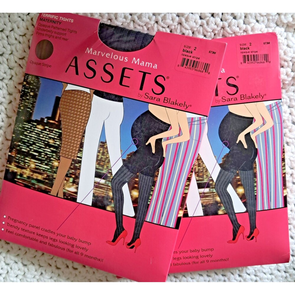 x2 Spanx Marvelous Mama Assets Shaping Tights Opaque Stripe Black Sz 2 Maternity